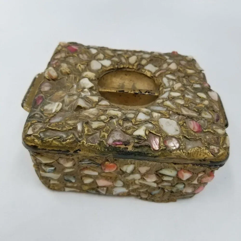 Moroccan Wedding Jewelry Box Inlaid Semi-Precious Stones Gems Gold 2.5